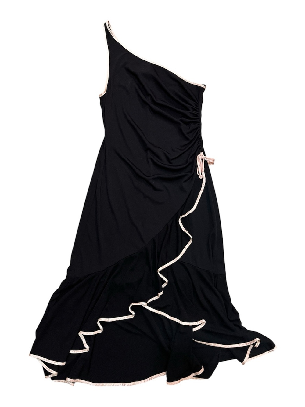 Vintage Y2K Black with Pink Lining Ruched One Shoulder Asymmetrical Midi Dress